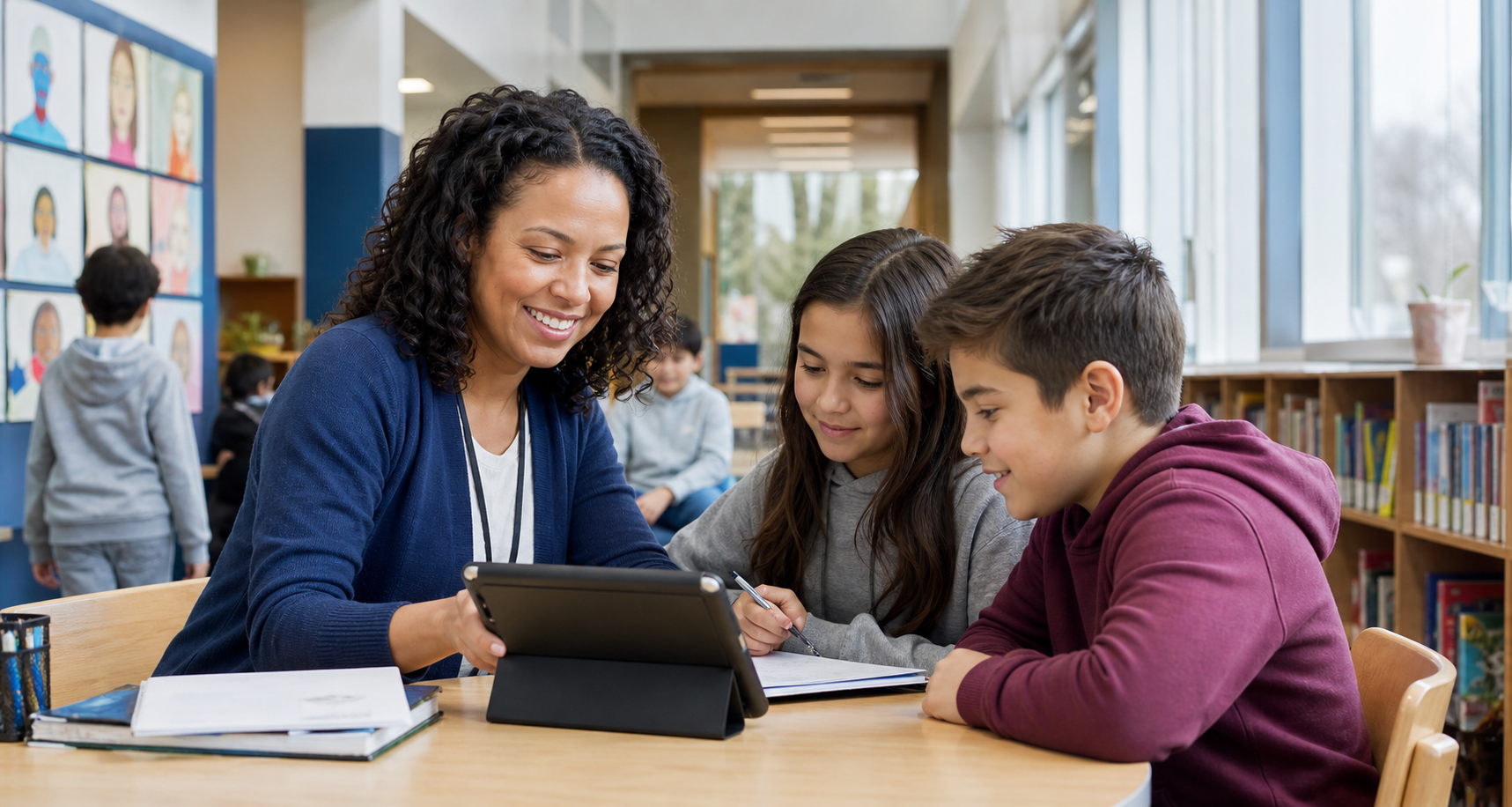 Education staff member helping students with school work